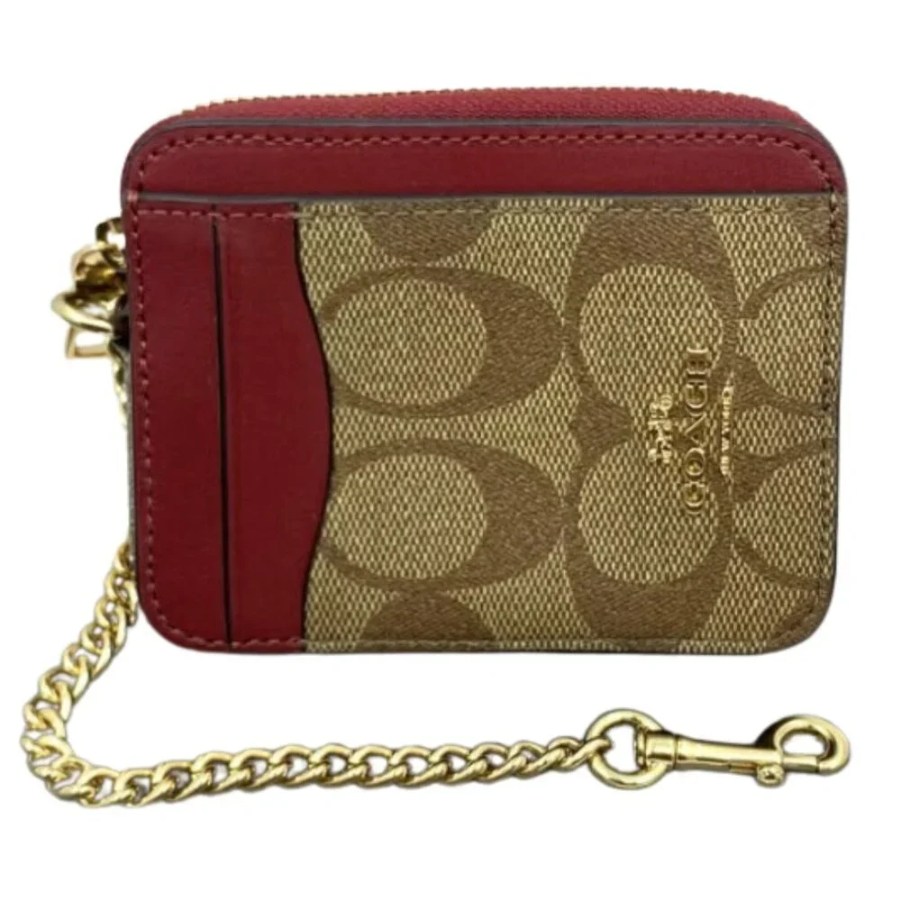 COACH Leather Zip Card Case Signature Khaki Cherry Detachable Chain NWT - Picture 2 of 11